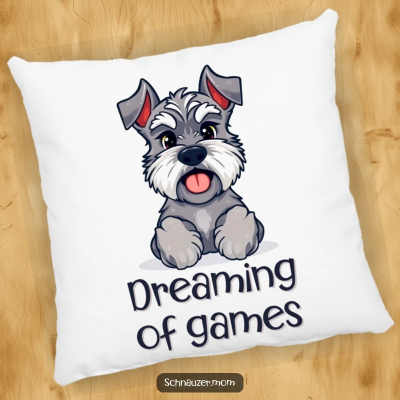 Funny Kawaii Schnauzer pillow with paws forward, inviting a game, perfect for adding comfort and a playful vibe.