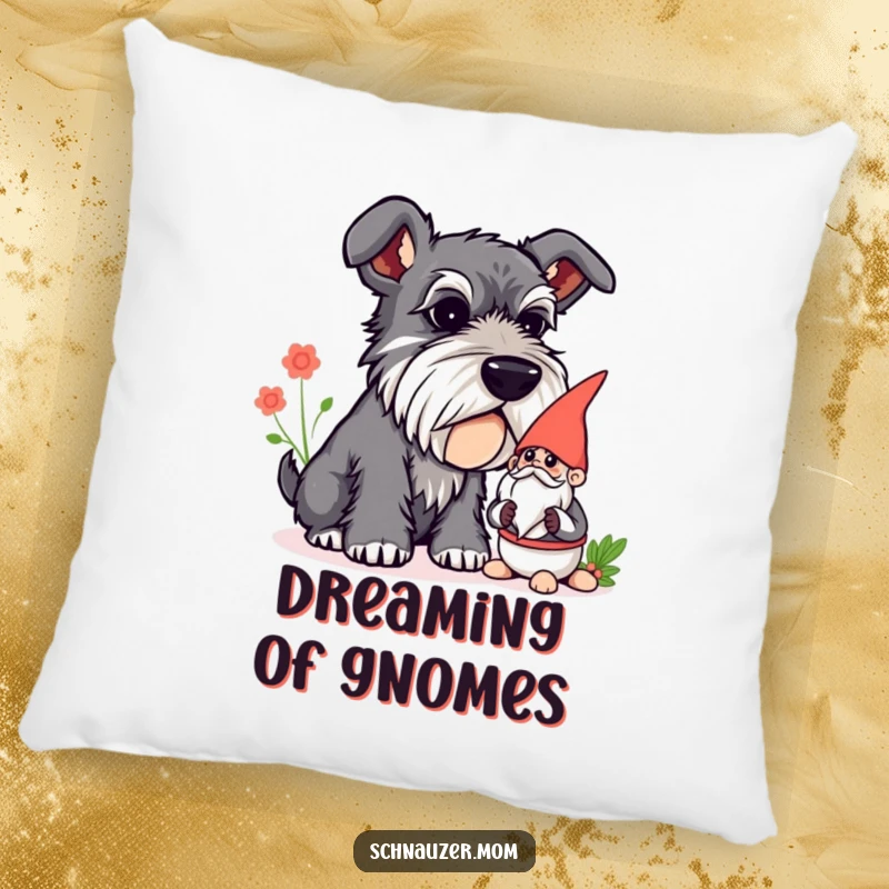 Funny Schnauzer pillow featuring a curious dog sniffing a garden gnome, providing comfort and whimsical decor.