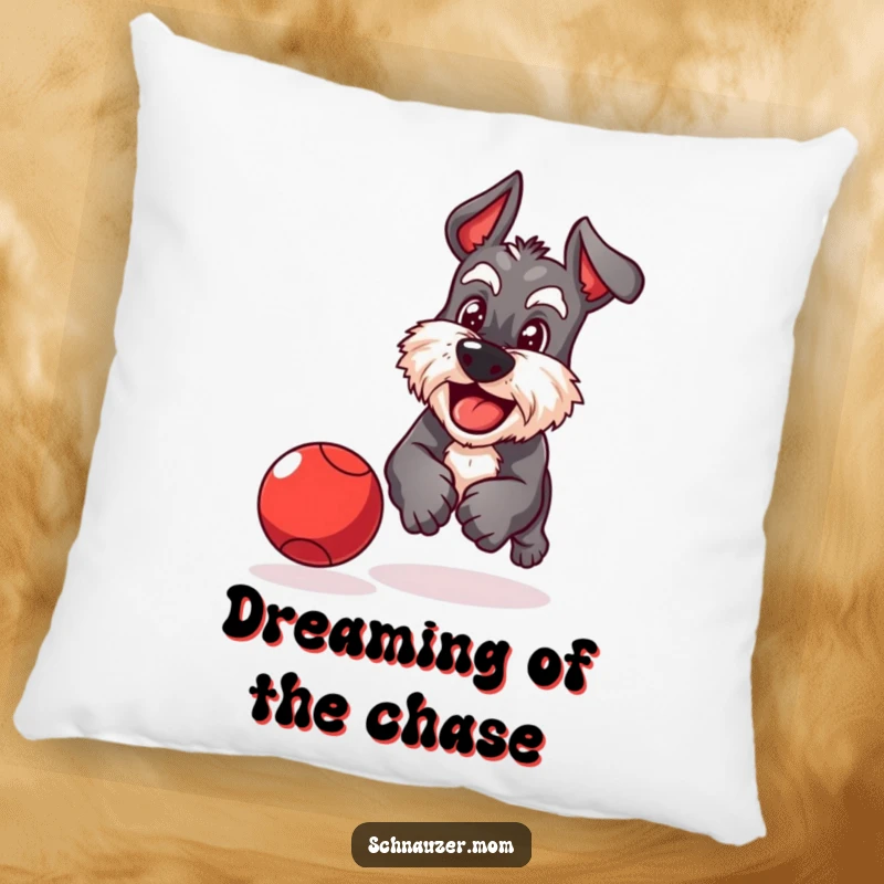 Funny Schnauzer pillow showing a playful dog with a determined grin chasing a bouncing red ball, perfect for comfort and humor.