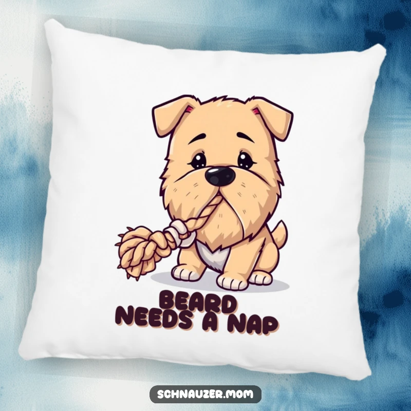 Funny Bearded Dog Pillow: A plush pillow depicting a dog with a stylish beard, playfully pulling on a rope toy with gusto.