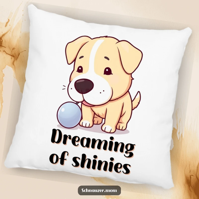 Funny pillow with a curious dog nudging a shiny object, offering an intriguing and humorous touch to any room's decor.