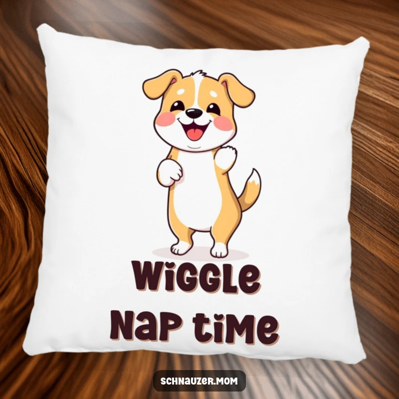 Funny pillow with a dancing dog wiggling its hindquarters, offering a joyful and humorous touch to any room's decor.