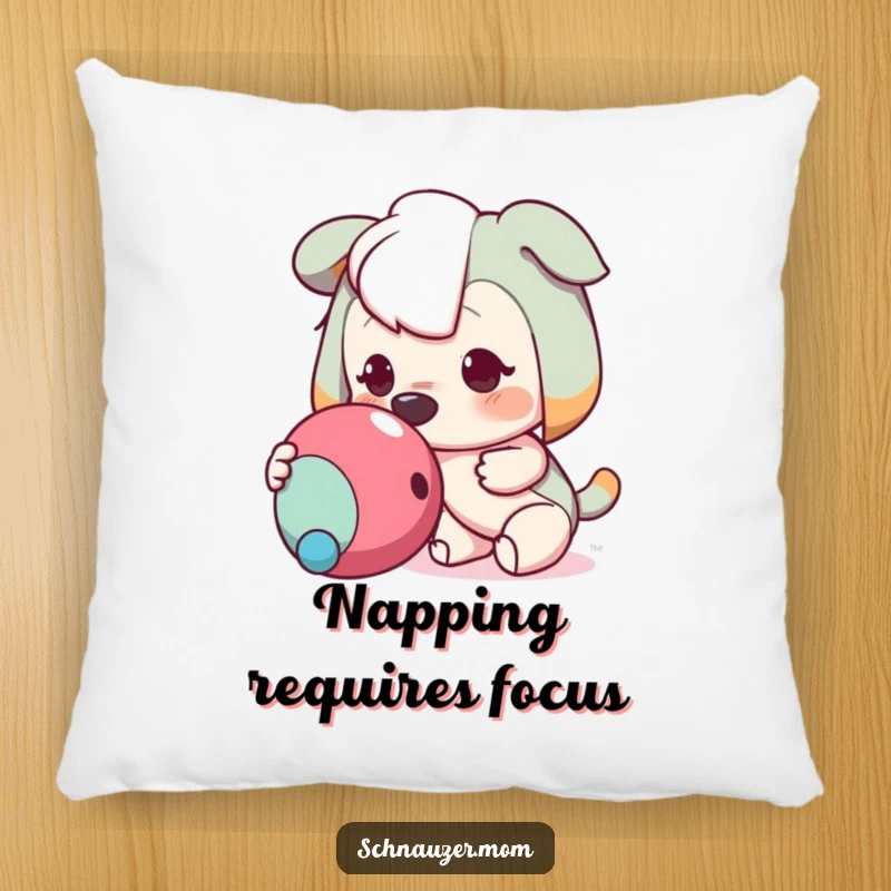 Funny pillow featuring an eager character nudging a toy with its nose, offering comfort and a dose of playful humor, a soft decorative item.