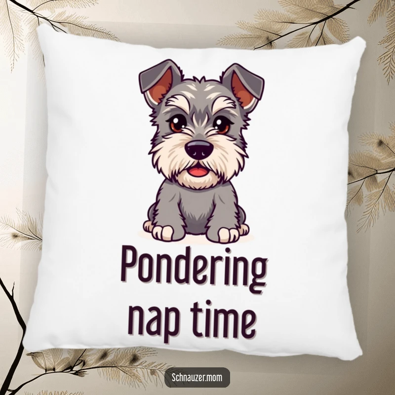 Funny Kawaii Schnauzer pillow, a dog with bushy eyebrows furrowed in playful curiosity, offering soft comfort and fun decor.