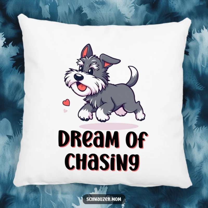 Funny Kawaii Schnauzer pillow featuring a cute dog chasing its tail with dizzying delight, adding comfort and a humorous energetic theme.