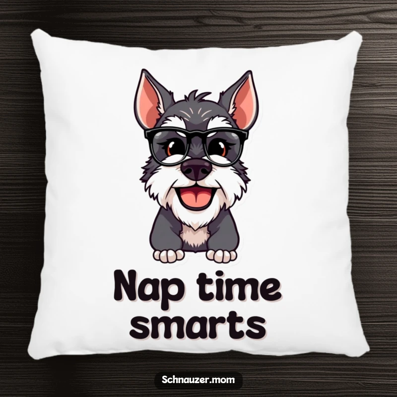 Funny Schnauzer dog with spectacles, smiling comfortably on a soft pillow, adding humor to decor.