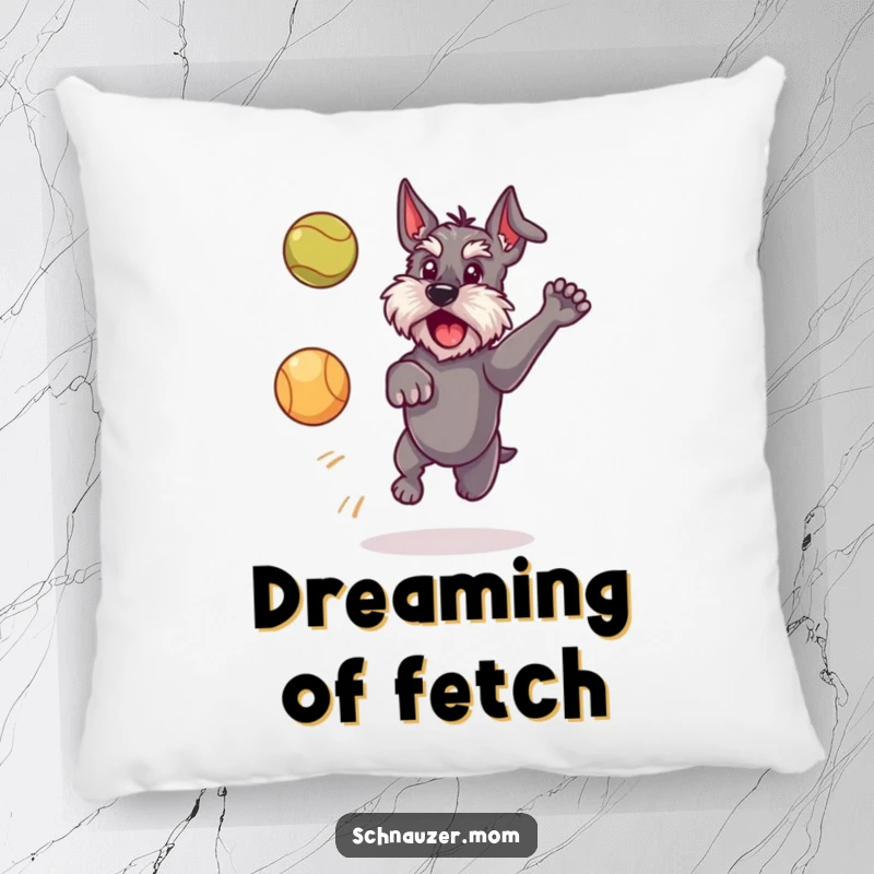 Funny Schnauzer dog pillow design, a happy dog in mid-air, focused on catching a ball, bringing playful vibes to any room.