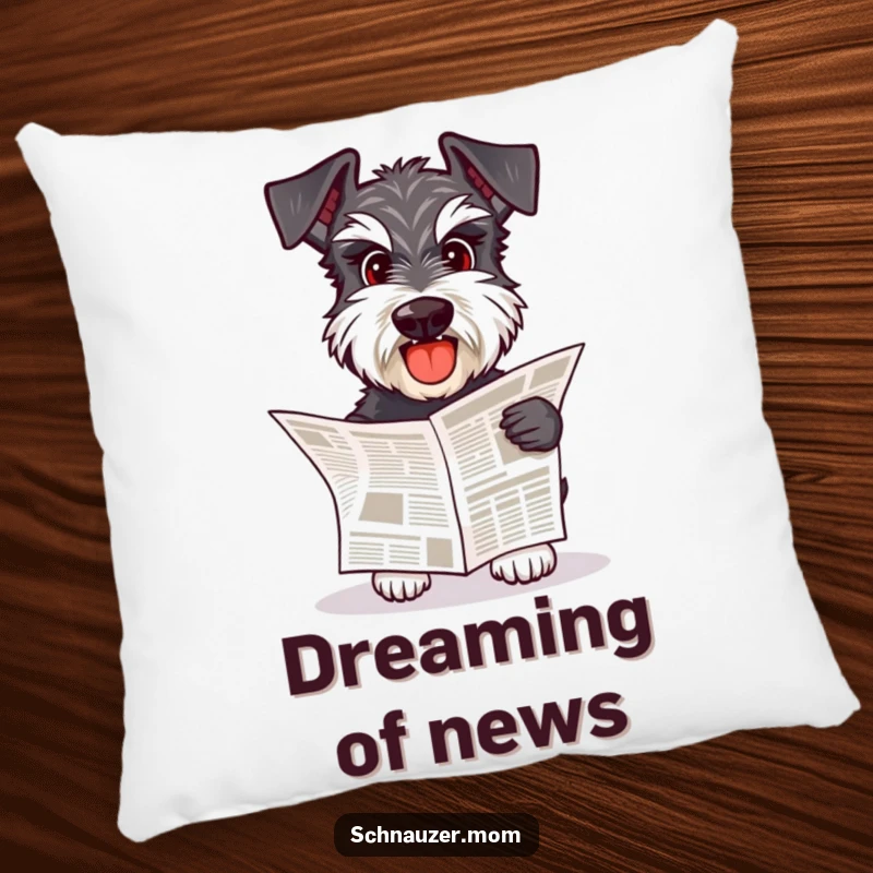 Funny Schnauzer dog happily fetching a small newspaper, creating a cozy and helpful accent on a pillow.