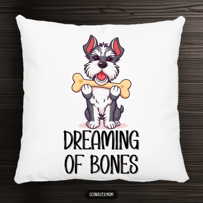 Funny Schnauzer lady pillow showing a dog proudly carrying its favorite bone, offering comfort and a touch of proud, contented decor.