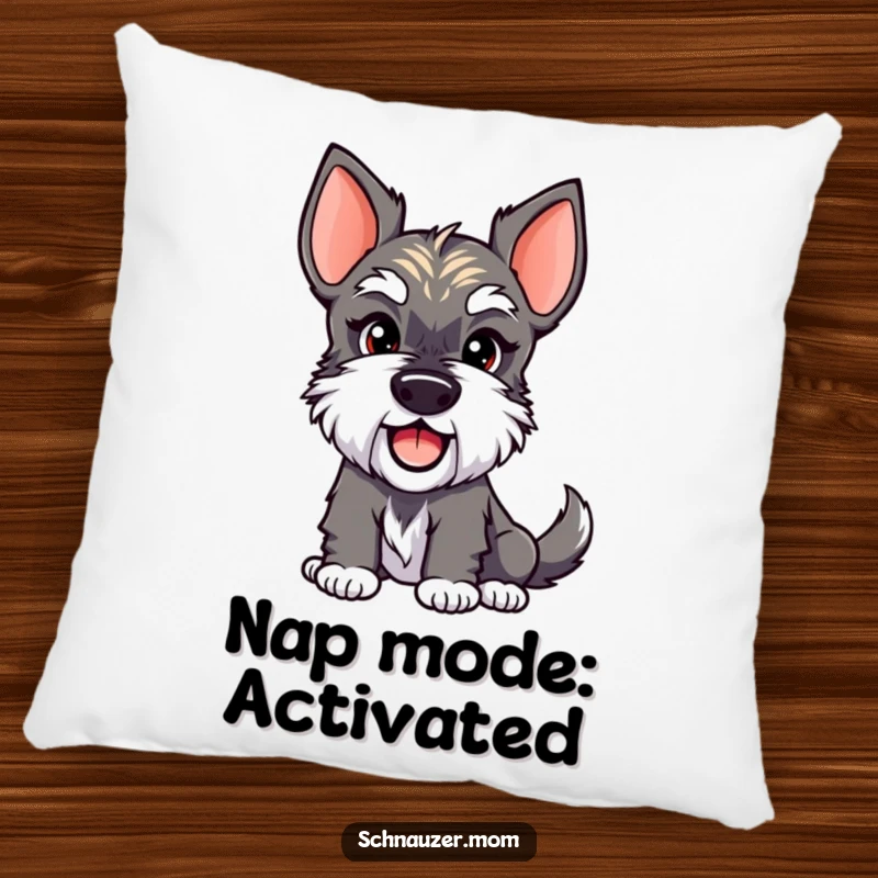 Funny Schnauzer Lady Pillow featuring a dog with a mischievous smirk and a vigorously wagging tail. A perfect funny gift for comfort.