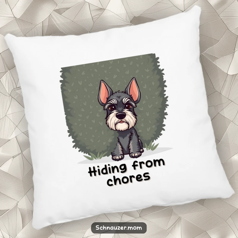Funny Schnauzer dog pillow design, showing a dog peeking from behind a dense shrub, bringing a cozy and mysterious vibe.
