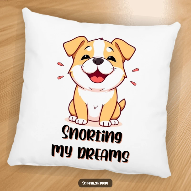 Funny Snorting Dog Pillow: A plush pillow depicting a dog's face conveying a happy snort of amusement, full of lighthearted humor.