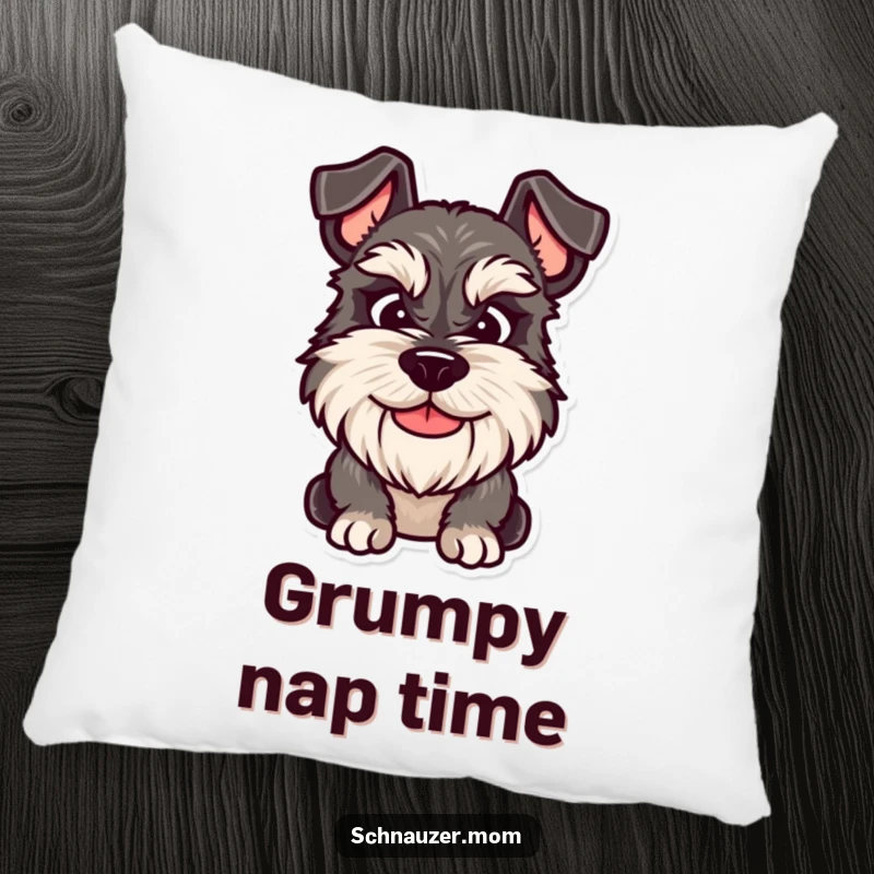 Funny Schnauzer pillow featuring a dog with a friendly yet grumpy smile, providing comfort and relatable decor.
