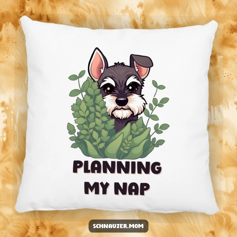 Funny Schnauzer pillow featuring a dog peeking slyly from behind foliage, hinting at playful secrets and mischief.