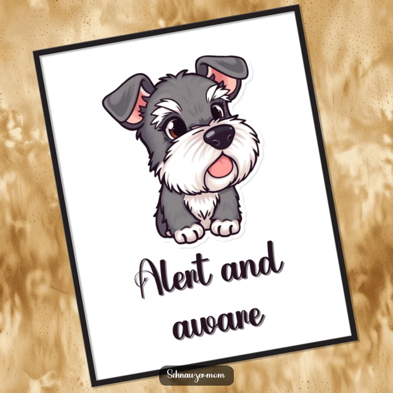 Funny Schnauzer digital art print with alert ears, depicting a dog observing its surroundings, offering watchful humor for instant wall decor.