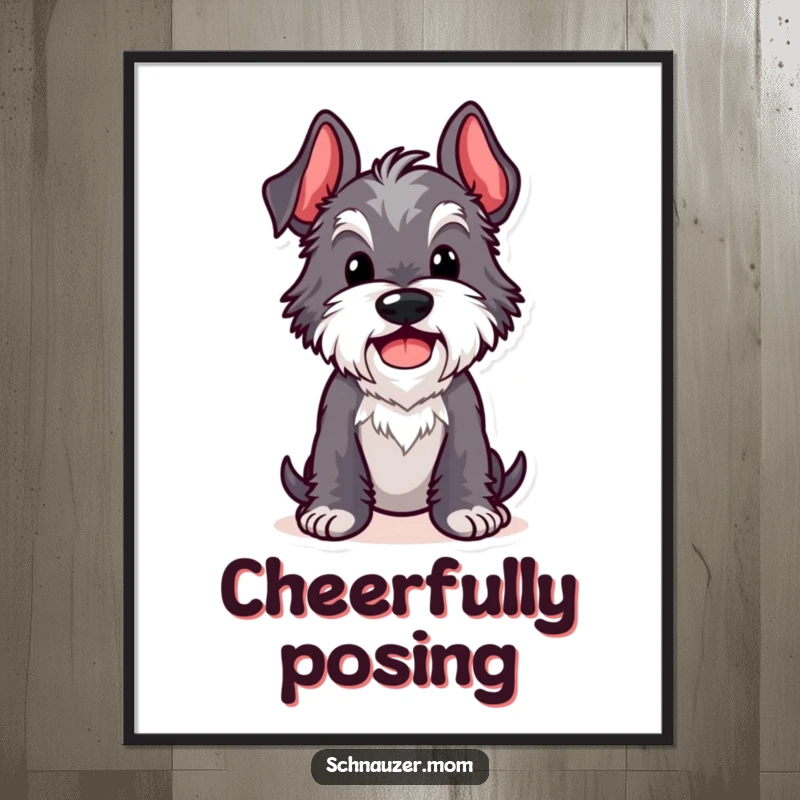 Funny Kawaii Schnauzer digital art print of a dog in a comical pose with a cheerful wag, for instant humorous decor.
