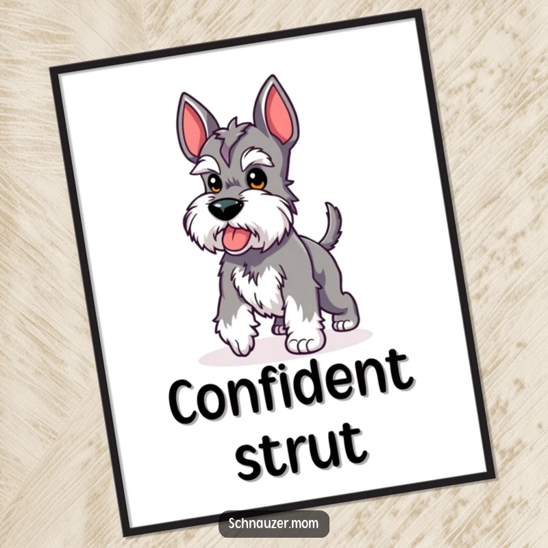 Funny Kawaii Schnauzer digital art print of a cute dog performing a proud strut with its stubby tail up, ready for stylish display.