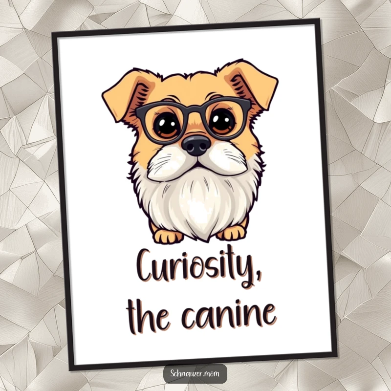 Funny dog with a prominent beard and tiny spectacles, looking inquisitively. Artistic print.