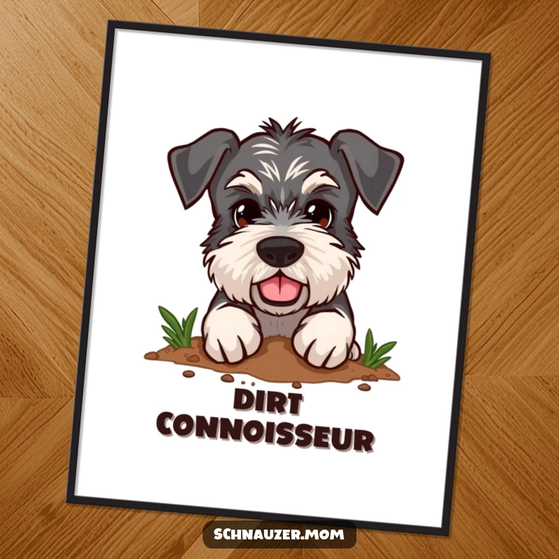 Funny Schnauzer digital art print showing a dog with a determined expression enthusiastically digging in the dirt, full of life.