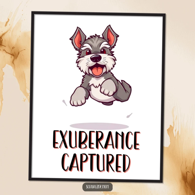 Funny Kawaii Schnauzer digital art print, a dog doing a bouncy, energetic leap with happy barks, ideal for lively decor.