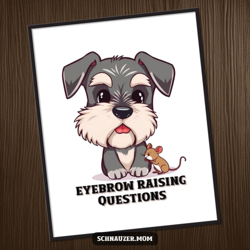 Funny Schnauzer digital art print showing a cute dog with bushy eyebrows curiously looking at a tiny mouse, whimsical.
