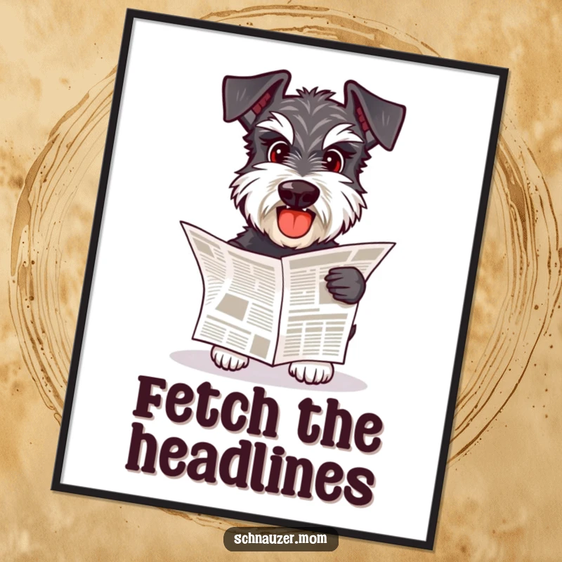Funny Schnauzer dog happily fetching a small newspaper, high-resolution digital art print, ready to serve.