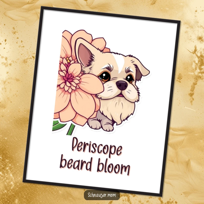Funny dog with a full beard playfully peeking from behind a large, vibrant flower. Artistic print.