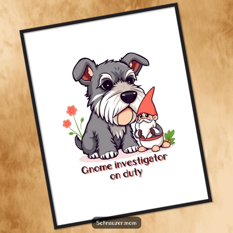 Funny Schnauzer digital art print of a curious dog sniffing a garden gnome, offering whimsical charm for instant wall decor.