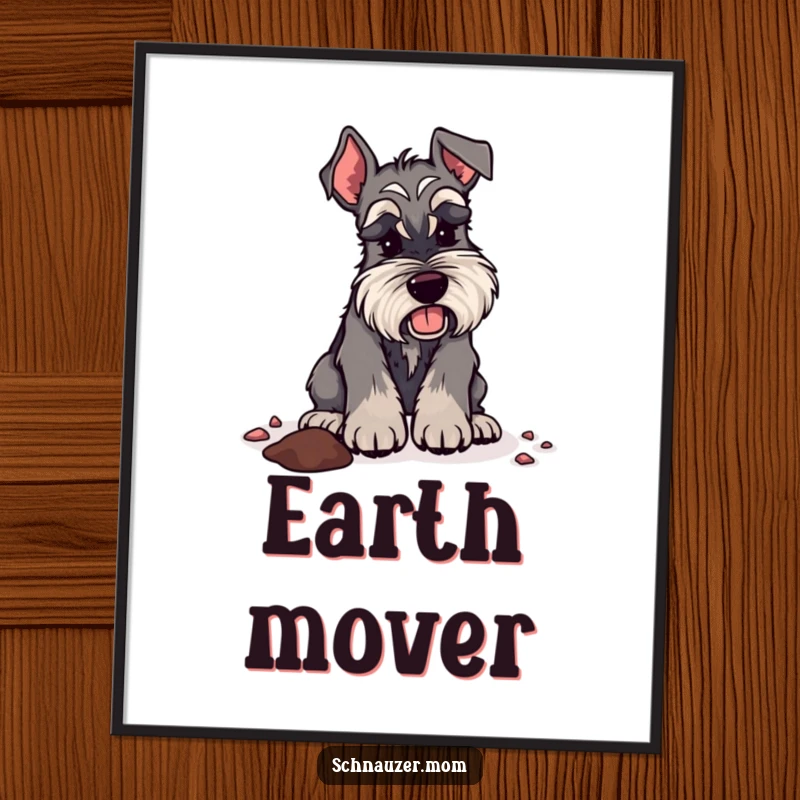 Funny Schnauzer lady digital art print of a dog digging energetically, perfect for adding a touch of humorous adventure to decor.