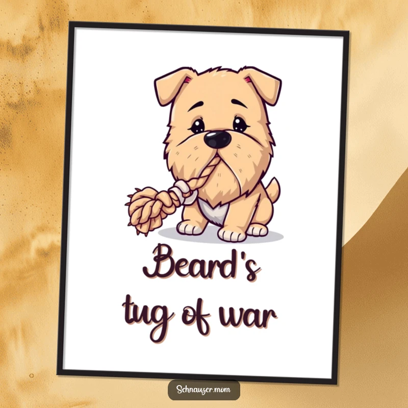 Funny Digital Art Print: A dog with a full beard playfully tugs on a rope toy, capturing a moment of pure canine fun and humor.