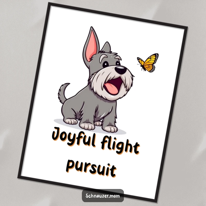 Funny Schnauzer digital art print of an excited dog character happily barking at a butterfly, radiating pure canine joy.