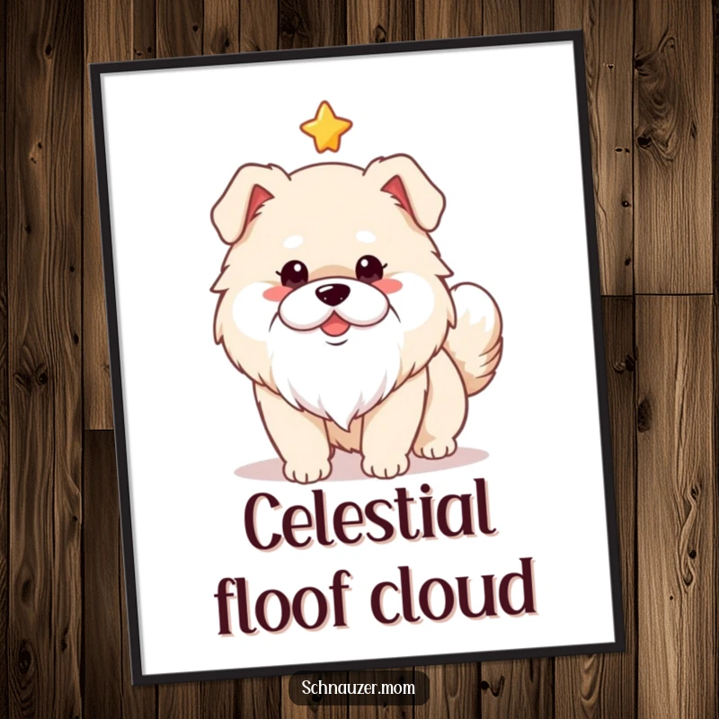 Funny cute fluffy dog with a notable white beard, tail wagging joyfully beneath a celestial star. High-quality digital art.