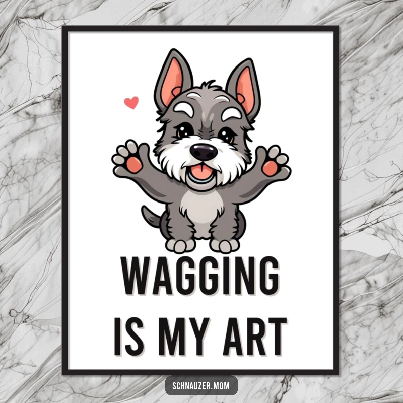 Funny Kawaii Schnauzer digital art of a dog joyfully wagging its tail, offering a warm and enthusiastic greeting.