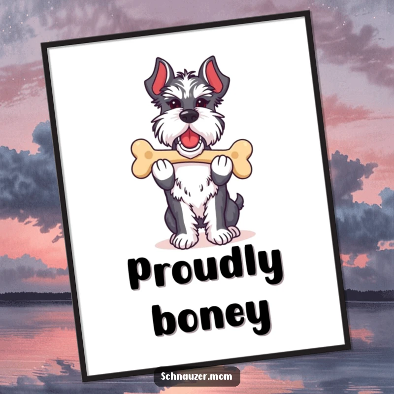 Funny Schnauzer lady digital art print of a dog proudly carrying its favorite bone, perfect for adding a touch of humorous pride to decor.