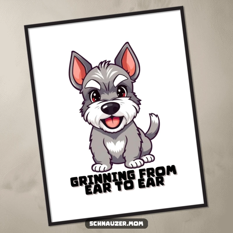 Funny Schnauzer digital art print showing a happy dog with a wagging tail and a wide grin, radiating pure joy.
