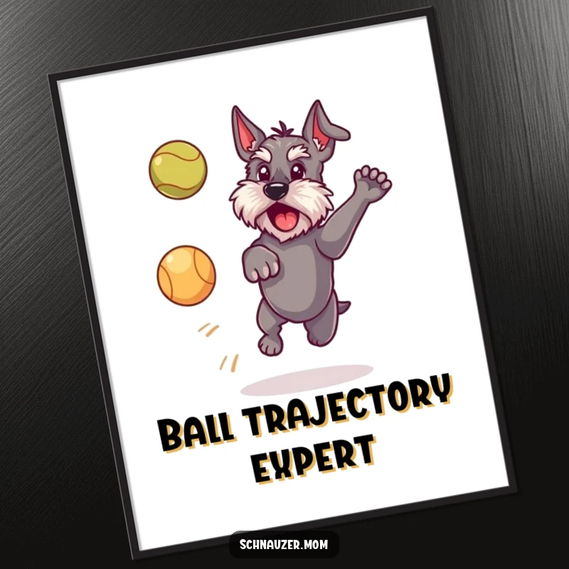 Funny Schnauzer dog digital art print, showing a dog leaping with immense joy to catch a ball, exuding playful energy.