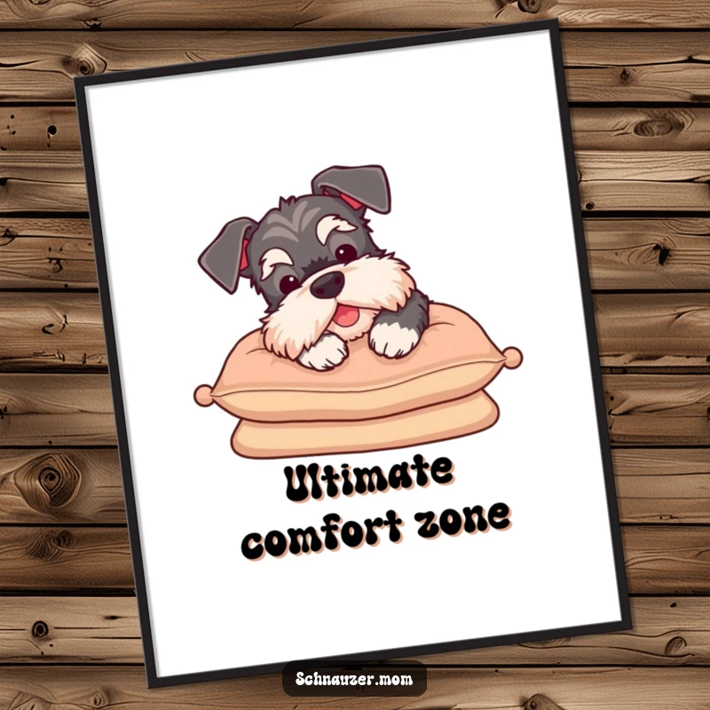 Funny Schnauzer sigh digital art print, showing a content dog resting on a cushion, offering instant calm and humorous decor.