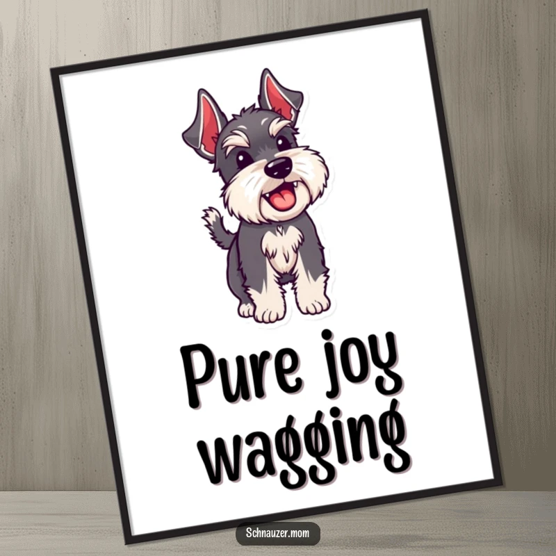Funny Schnauzer dog wagging its bristly tail, high-resolution digital art print, radiating joy.