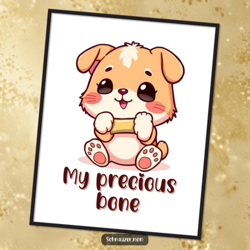 Funny Digital Art Print: Character holding a small bone with immense glee, capturing pure excitement and happiness, perfect for instant decor and a funny gift.