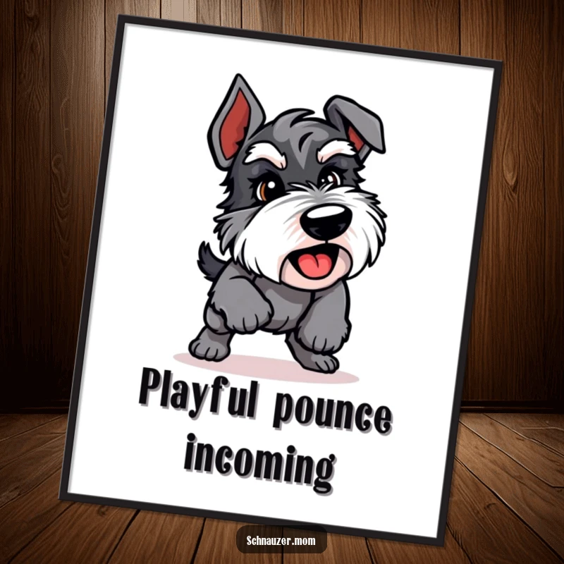 Funny Schnauzer digital art print of an energetic dog in a playful pounce, offering dynamic humor for instant wall decor.