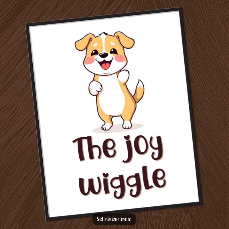 Funny digital art print of a dog doing a happy dance and wiggling its hindquarters, bringing a humorous and joyful vibe.