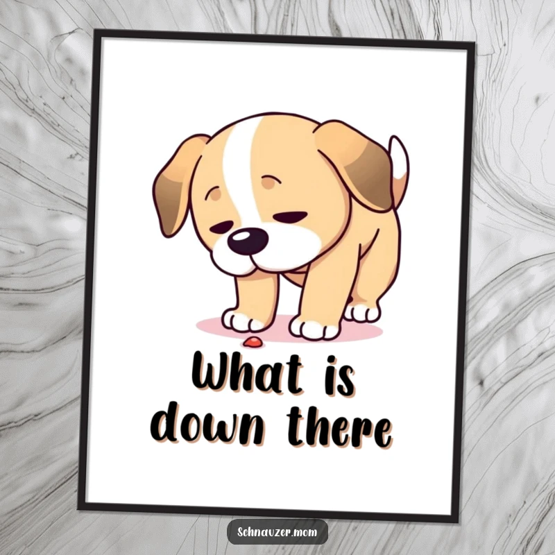 Funny Digital Art Print: A dog's head is lowered, eyes fixed on the ground with intense, humorous concentration and curiosity.