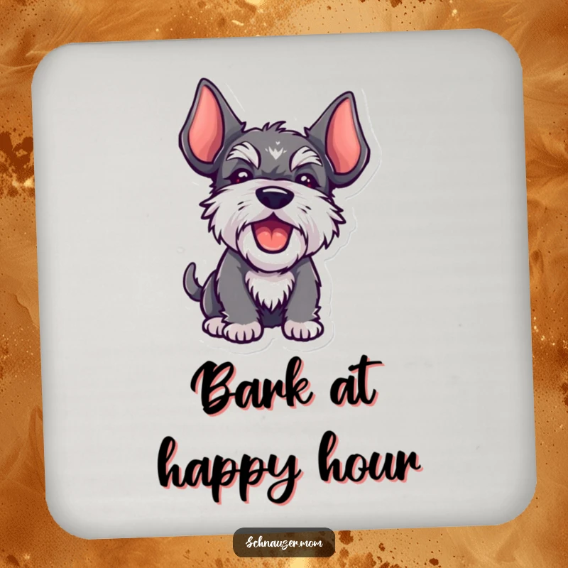 Funny Kawaii Schnauzer coaster, ears high, barking playfully, showcasing a cute and happy dog protecting surfaces.