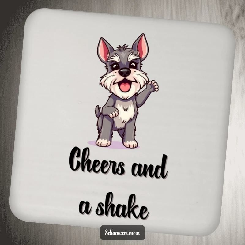 Funny Schnauzer Lady Coaster, doing a quick and excited shake with vibrant energy, a humorous and protective table accessory.