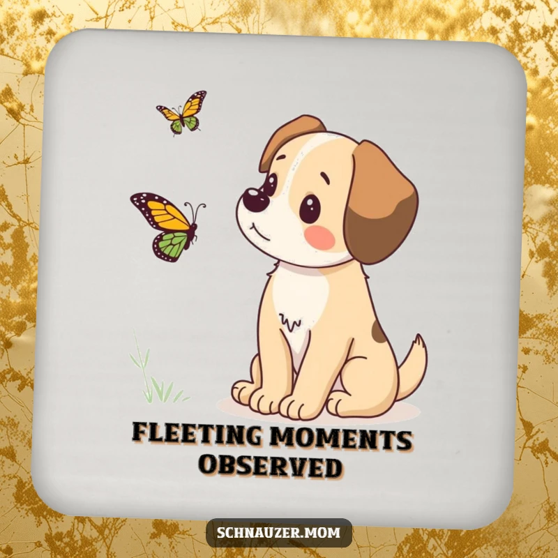 Funny drink coaster illustrating a dog's humorous focus on a butterfly, providing a protective and amusing addition to any tabletop.
