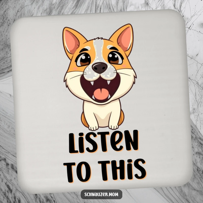 Funny drink coaster with an alert dog barking, protecting tables with a humorous and watchful design.