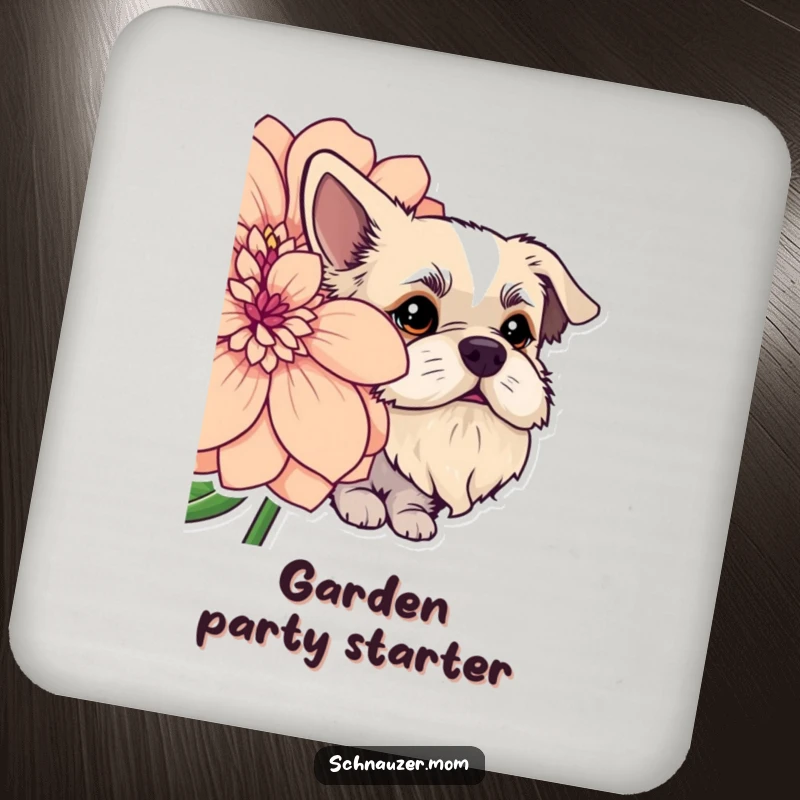 Funny dog with a distinguished beard peeking from behind a large flower. Protective coaster.