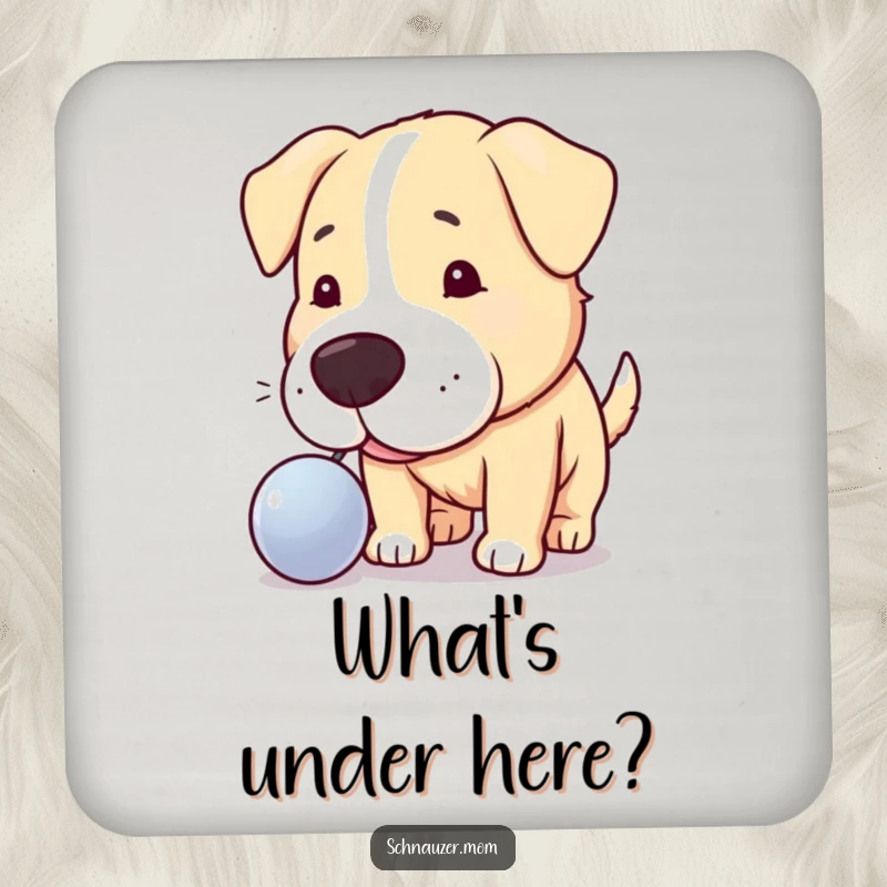 Funny drink coaster with a curious dog nudging a shiny object, protecting tables with a humorous and intriguing design.