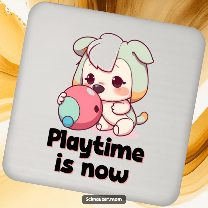 Funny drink coaster with an eager character nudging a toy, providing surface protection and a humorous touch for your beverages.