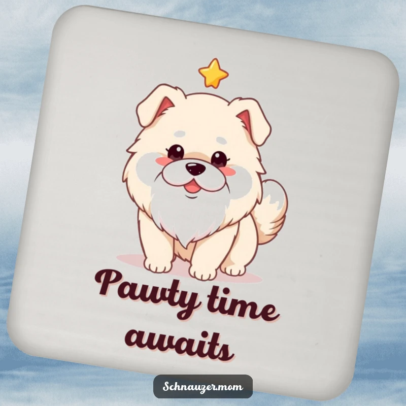 Funny cute fluffy dog with a distinguished white beard and a wagging tail under a star. Protective coaster.